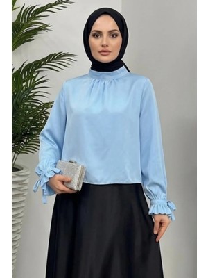 Tesettür Diyarı Rahe Kolları Büzgü Bağlamalı Saten Tesettür Gömlek- Mavi