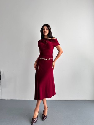 Cemo Kadın Omzu Açık Drapeli Midi Elbise