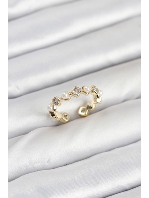 Zenvia Pirinç Gold Renk Zirkon Taşlı Incili Kadın Yüzük - TJ-BYK3876