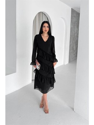 Neşeli Butik Kadın Siyah V Yaka Kat Kat Fırfır Detaylı Midi Boy Şifon Elbise NBK079