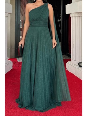 Neşeli Butik Kadın Yeşil Tek Omuz Pilise Detaylı Simli Tül Kumaş Abiye Elbise NBSWLL16