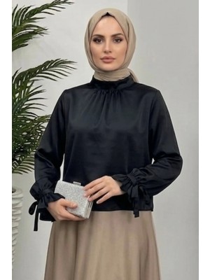 Tesettür Diyarı Rahe Kolları Büzgü Bağlamalı Saten Tesettür Gömlek- Siyah