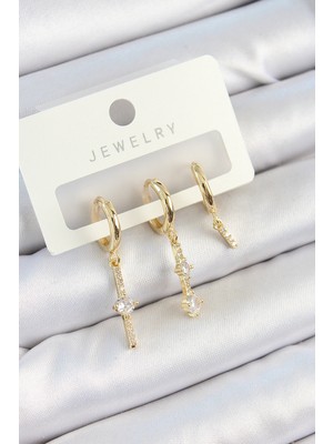 Zenvia Pirinç Zirkon Taşlı Sallantılı Model Gold Renk 3'lü Çift Kadın Küpe Set - TJ-BKP10815