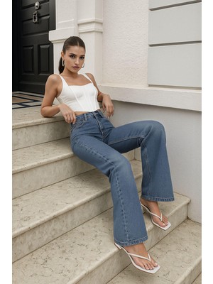 Markapia Kadın Yüksek Bel Wide Leg Mavi Jean Pantolon