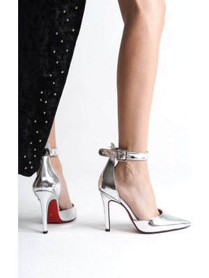 Ayakkabı Ateşi Gümüş Ayna Sivri Burun Kadın Topuklu Ayakkabı Stiletto Sage