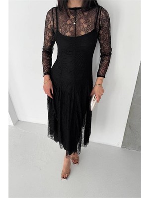 Neşeli Butik Kadın Siyah Midi Boy Transparan Detaylı Astarlı Dantel Elbise NBK080