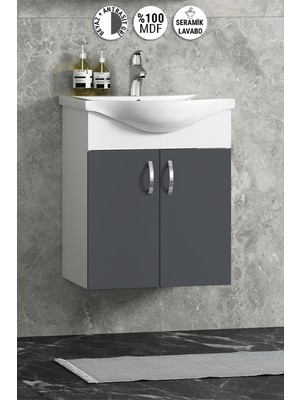 Özceden Yıldız 50 cm Antrasit Gri Mdf Seramik Lavabolu Asma Alt Banyo Dolabı