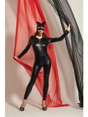 Fantezi Deri Kedi Kız Kostümü Siyah (MGP6330)