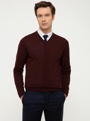 Cacharel Erkek Bordo Slim Fit V Yaka Basic Triko Kazak 50211259-VR014