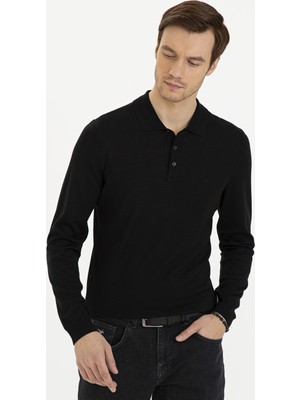 Cacharel Erkek Siyah Slim Fit Polo Yaka Basic Triko Kazak 50229756-VR046