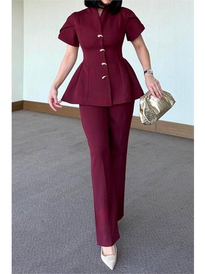 Neşeli Butik Kadın Bordo Gold Düğme Detaylı Peplum Kesim Premium Takım NBSTR4423