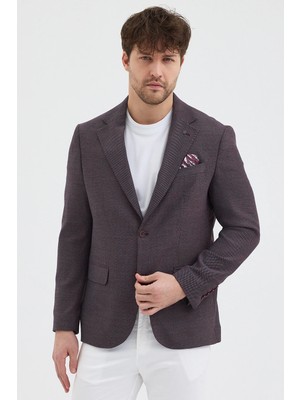 Frappoli Lunos Erkek Bordo Poliviskon Kumaşlı Slim Fit Kendinden Mendilli Mono Yaka Spor Blazer Ceket