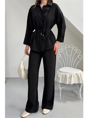 Neşeli Butik Kadın Siyah Gömlek Yaka Bağlama Detaylı Ikili Takım NBG125