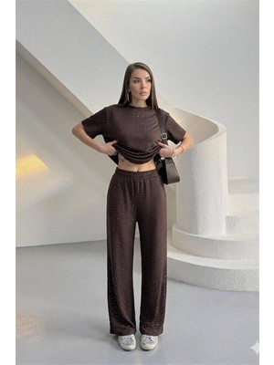 Neşeli Butik Kadın Kahverengi Taş Detaylı Ikili Basic Takım NBG126