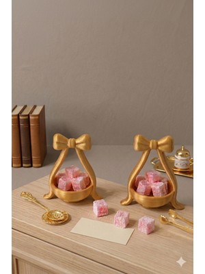 YSR STUDIO 3D Gold Tasarım Ikili Lokumluk Seti - Modern Sunum ve Ikramlık - Kurdele Detaylı 2'li
