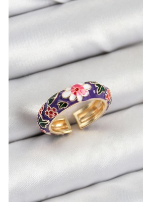 Zenvia Pirinç Mor Mineli Çiçek Motifli Gold Renk Ayarlanabilir Kadın Yüzük - TJ-BYK3803
