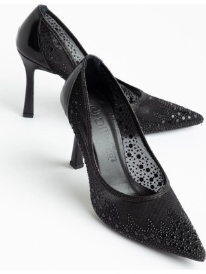 Dilimler Ayakkabı Kadın Ince Topuklu Abiye Ayakkabı Siyah File Üzeri Taş Döşemeli