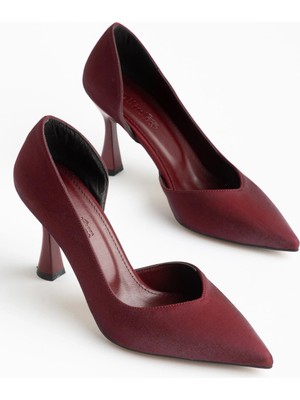 Dilimler Ayakkabı Büyük Beden Kadın Ince Topuklu Stiletto Bordo Parlak Saten Yan Açık