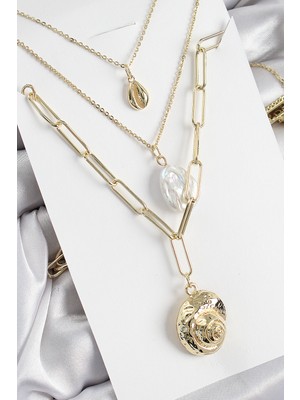 Zenvia Pirinç Çoklu Zincirli Incili Deniz Kabuğu Model Gold Renk Kadın Kolye - TJ-BKO10370