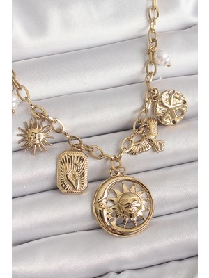 Zenvia 316L Çelik Gold Renk Halka Zincir Sallantı Ay Güneş Figür Kuş Detay Kadın Kolye - TJ-BKO9850