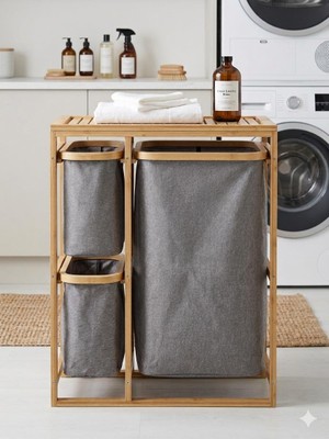 Aaa Bambu Çok Amaçlı 3 Bölmeli Kirli Sepeti ve Organizer - 70X50 cm Antrasit