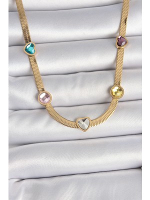 Zenvia 316L Çelik Gold Renk Italyan Zincir Renkli Zirkon Taşlı Kalp Figür Kadın Kolye - TJ-BKO10117