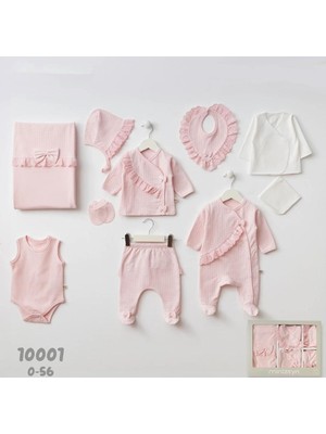 HaanBebe Fırfırlı ve Kurdele Detaylı Pembe Penye Kız Bebek Hastane Çıkışı - 10'lu Set