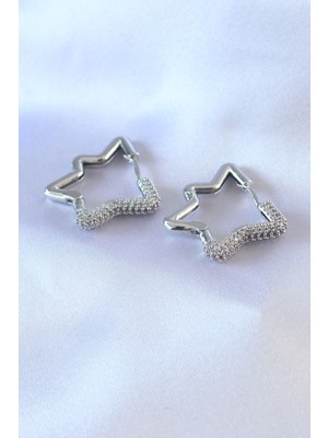 Zenvia Gümüş Renk Yıldız Model Zirkon Taşlı Pirinç Kadın Küpe - TJ-BKP7528