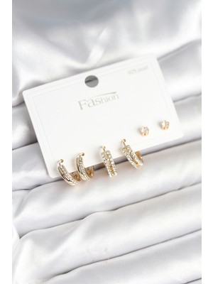 Zenvia Pirinç Gold Renk Zirkon Taşlı 925 Gümüş Çivili Kadın Küpe Seti - TJ-BKP11257