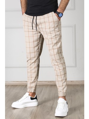 Madmext Ekoseli Krem Jogger Pantolon Erkek Dar Kesim Gabardin Kumaş Modeli MAD4081