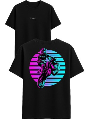 Vsrn Motocross Tasarım Baskılı Siyah Oversize T Shirt