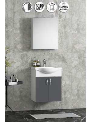 Özceden Yıldız 50 cm Antrasit Gri Mdf Seramik Lavabolu Asma Banyo Dolabı Takım