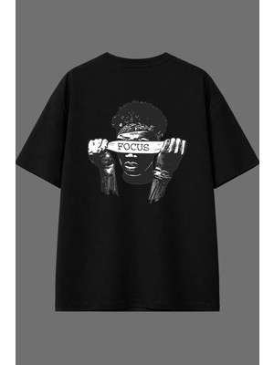 Vsrn Odaklanma Tasarım Arka Baskılı Siyah Oversize T Shirt