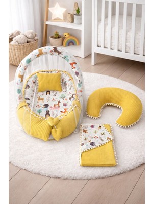 Jaju Baby Sarı Örgü Pike Kumaş ve Orman Müslin Kumaş Ponponlu 6 Parça Babynest Set