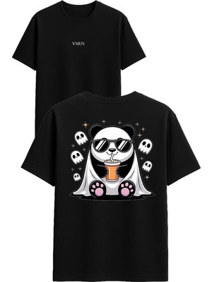 Vsrn Panda Hayalet Tasarım Baskılı Siyah Oversize T Shirt