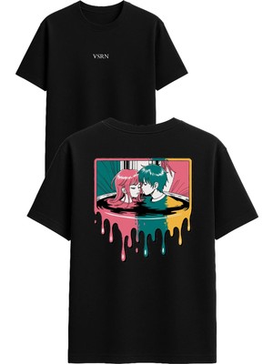 Vsrn Renkli Aşk Tasarım Baskılı Siyah Oversize T Shirt