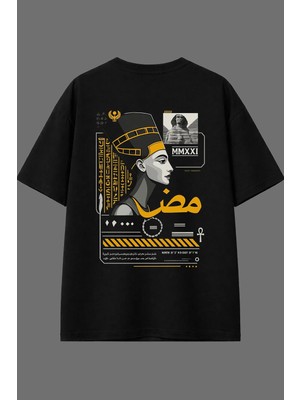 Vsrn Mısır Firavun Tasarım Arka Baskılı Siyah Oversize T Shirt