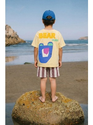 Monila Erkek Çocuk Pamuklu Sarı Ayıcık Baskılı T-Shirt ve Çizgili Şort Alt Üst Takım