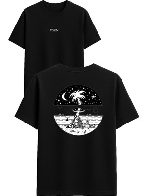 Vsrn Yarı Gece Yarı Gündüz Tasarım Baskılı Siyah Oversize T Shirt