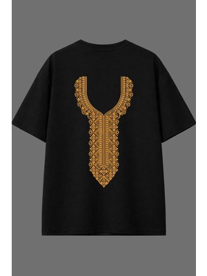 Vsrn Altın Kolye Tasarım Arka Baskılı Siyah Oversize T Shirt