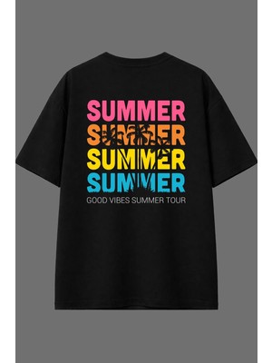 Vsrn Summer Summer Tasarım Arka Baskılı Siyah Oversize T Shirt