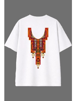 Vsrn Karmaşık Desenli Tasarım Arka Baskılı Beyaz Oversize T Shirt