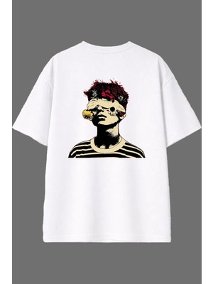 Vsrn Çiçekler ve Adam Tasarım Arka Baskılı Beyaz Oversize T Shirt