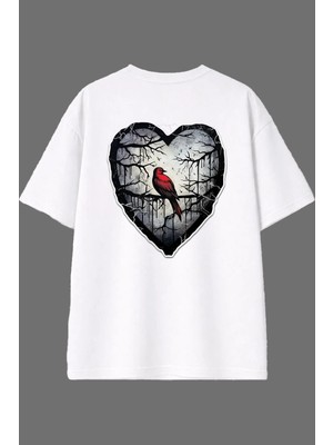 Vsrn Kasvetli Kuş Tasarım Arka Baskılı Beyaz Oversize T Shirt