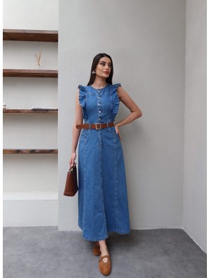 Esra Helvacı Kemerli Fırfır Detay Denim Elbise