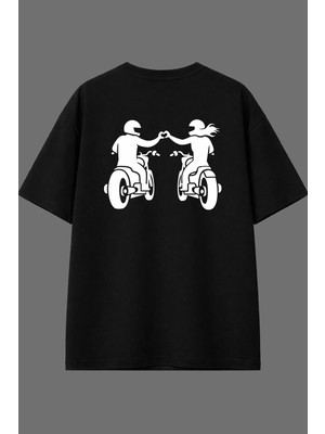 Vsrn Motorcu Sevgili 1 Tasarım Arka Baskılı Siyah Oversize T Shirt
