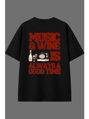 Vsrn Musıc And Wine Tasarım Arka Baskılı Siyah Oversize T Shirt