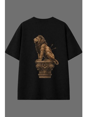 Vsrn Yaralı Aslan Tasarım Arka Baskılı Siyah Oversize T Shirt