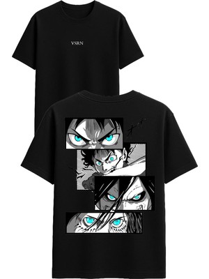 Vsrn Mavi Gözlü Anime Tasarım Baskılı Siyah Oversize T Shirt