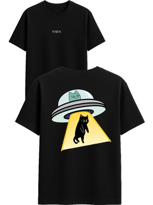 Vsrn Uzaylı Kedi Tasarım Baskılı Siyah Oversize T Shirt